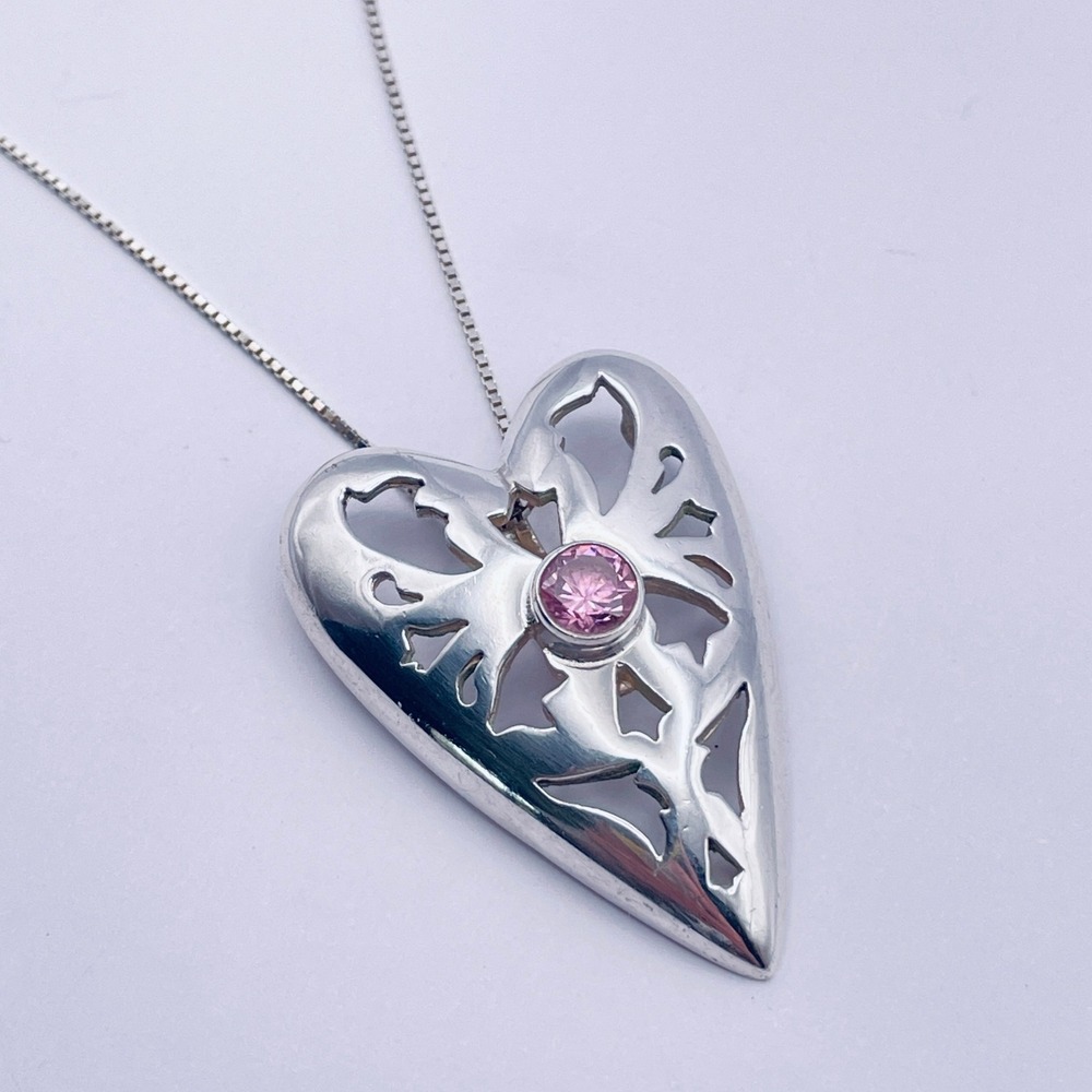 Hasla Norway Sterling‎ Silver Filigree Heart Pendant Necklace Pink Topaz Stone